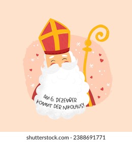 Bonito personaje de Nikolaus, texto en alemán "El Día de San Nicolás es el 6 de diciembre" - ideal para invitaciones, carteles, fondos de pantalla, tarjetas