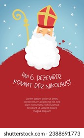 Lovely drawn Nikolaus character, text in german  "St. Nicolas Day is on 6th of December" - great for invitations, banners, wallpapers, cards