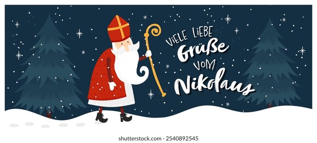 Lovely drawn Nikolaus character, , text in german saying "Greetings from St. Nikolaus" - great for invitations, banners, wallpapers, cards - vector design