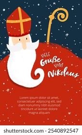 Personagem de Nikolaus desenhado adorável, , texto em alemão dizendo "Saudações de St. Nikolaus" - ótimo para convites, banners, papéis de parede, cartões - design vetorial