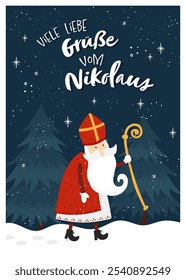 Lovely drawn Nikolaus character, , text in german saying "Greetings from St. Nikolaus" - great for invitations, banners, wallpapers, cards - vector design