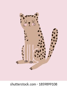 Lovely Dreamy Cheetah. Funny Wild Cat. Cute Brown Leopard Isolated on a Pastel Pink Background. Safari Party Decoration ideal for Card, Wall Art, Poster, Invitation.