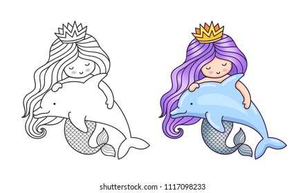 Lovely dreamy mermaid with purple gradient hair, floating with dolphin. Cartoon characters. Vector illustration for coloring book, print, card, postcard, poster, t-shirt, tattoo.