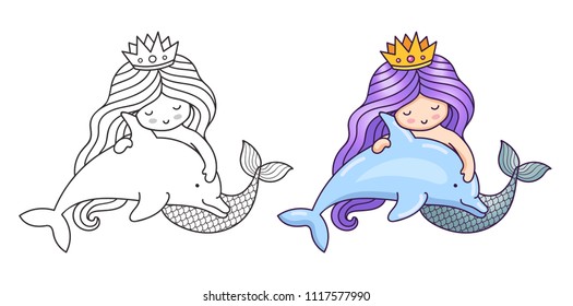 Lovely dreamy mermaid and purple gradient hair  floating and dolphin  Cartoon characters  Vector illustration for coloring book  print  card  postcard  poster  t  shirt  tattoo 