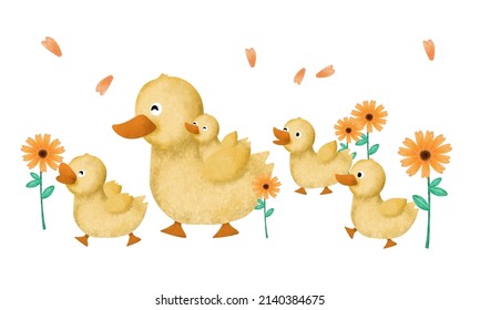 Lovely duck family, mom and kids walking, , cartoon animal and element in drawing watercolor for graphic designer, vector illustration