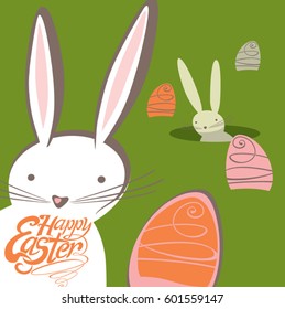 Lovely Easter bunnies look out for burrows Easter eggs. Funny greeting card.