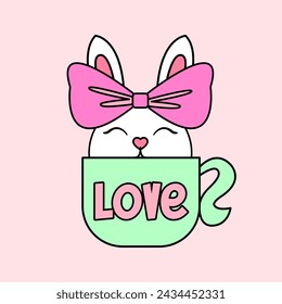 LOVELY EASTER BUNNY WITH A BOW INSIDE OF A MUG, SLOGAN PRINT VECTOR