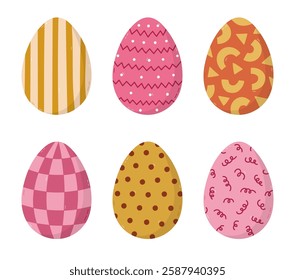 Lovely Easter egg cartoon set with different ornament of geometric shape, stripes, check, twirl, polka dot. Trendy hand drawn symbol of Easter egg hunt. Cute painted doodle of isolated on background.