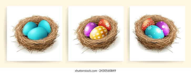 Lovely Easter eggs in a straw nest, design element.