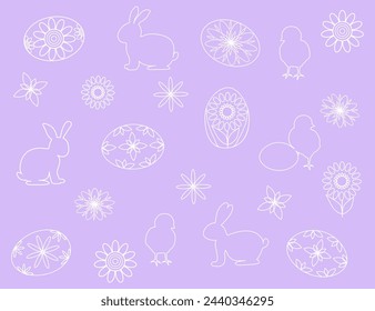 Lovely Easter pattern, cute eggs, rabbits, chicks, flowers, great for textiles, banners, wallpapers, packaging - vector design