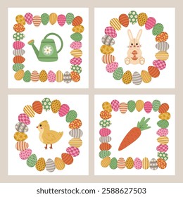 Lovely Easter postcard set with cartoon doodle in round and square frame of painted ornate Easter eggs. Cute baby chicken, furry bunny, carrot, watering can. Square poster collection in bright colors.