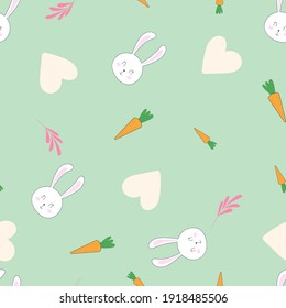 Lovely Easter rabbit with carrot and flower pattern graphic. Seamless Pattern can be 
used for wallpaper, pattern fills, background and surface textures