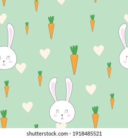 Lovely Easter rabbit with carrot and flower pattern graphic. Seamless Pattern can be 
used for wallpaper, pattern fills, background and surface textures