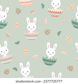 Lovely Easter seamless pattern with bunnies, doodles and eggs. Suitable for Easter cards, banner, textiles, wallpapers, background holiday