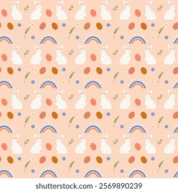 Lovely Easter seamless pattern with bunnies, flowers, easter eggs, beautiful background. Suitable for Easter cards, banner, textiles, wallpapers. Vector illustration.