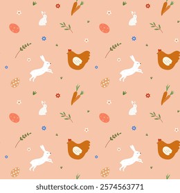 Lovely Easter seamless pattern with bunnies, flowers, easter eggs, beautiful background. Suitable for Easter cards, banner, textiles, wallpapers. Vector illustration.