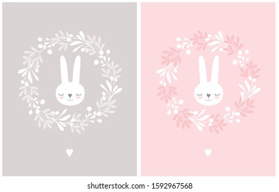 Lovely Easter Vector Illustration with Bunnies in a Floral Round Shape Wreath. White Bunny Isolated on a Gray and Pink Background. Cute Nursery Art for Baby Girl ideal fo Card, Poster, Wall Art.