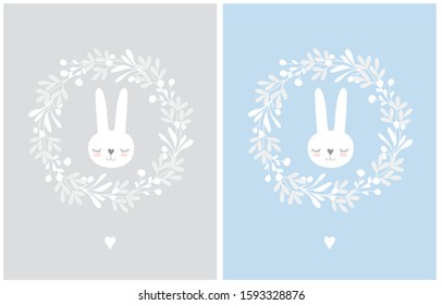 Lovely Easter Vector Illustration with Bunnies in a Floral Round Shape Wreath. White Bunny Isolated on a Gray and Light Blue Background. Cute Nursery Art for Baby Boy ideal fo Card, Poster, Wall Art.