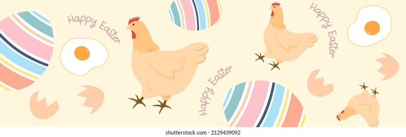 Lovely Easter web banner vector design, cute pastel Easter eggs and chicken web banner background, flat design of spring festival Easter web banner template, flat design of cute chicken and egg banner