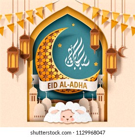Lovely Eid al-adha design with a sheep in the middle of arch window, mosque and crescent background in paper art