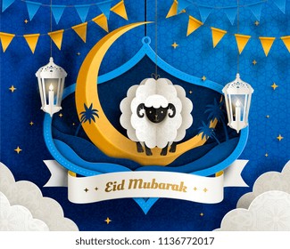 Lovely Eid Mubarak paper art design with hanging sheep and crescent on blue tone