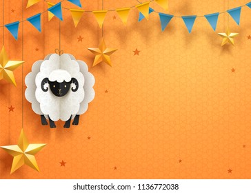 Lovely Eid Mubarak paper art design with hanging sheep and stars on orange background, copy space for greeting words