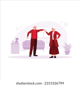 The lovely elderly couple, dancing and having fun in a room filled with chairs, tables, and flowers. Trend Modern vector flat illustration.