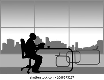 Lovely elderly man drinks coffee and reads the newspaper on the break in the office, one in the series of similar images silhouette