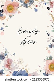 Lovely elegant vector watercolor wedding invite, invitation, greeting card template design. Hand drawn pink, blue anemone flowers, hydrangea petals, sage green leaves, blackberry with glitter splashes
