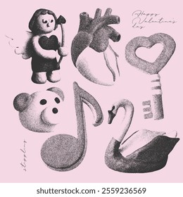 Lovely Elements with a retro photocopy effect. Naive valentine's day concept. Human heart, Cupid and other trendy elements. Grain effect and stippling. Vector dots texture.