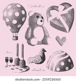 Lovely Elements set with a retro photocopy effect. Naive valentine's day concept. Candy bow in shape of heart, teddy and other trendy elements. Grain effect and stippling. Vector texture.