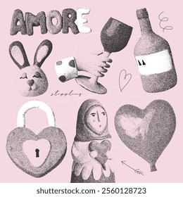 Lovely Elements set with a retro photocopy effect. Naive valentine s day concept. Candy bow in shape of heart balloon, hand with wine and other trendy elements. Grain stippling effect. Vector texture.