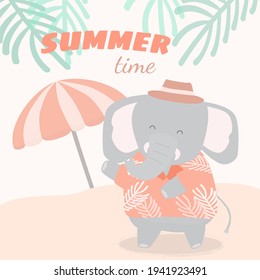 Lovely elephant traveler wearing hat has vacation on the beach with palm and umbrella, Hand drawn style flat vector illustration, Animals summer time concept