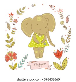 Lovely elephant with vintage frame for your design in doodle style. Cute cartoon illustration for wedding invitations and romantic cards, birthday and other holiday.
