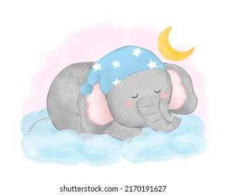 Lovely elephant wearing hat sleeping on the cloud with the moon in painting watercolor, cartoon character for graphic design postcard, vector illustration 