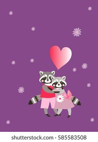 Lovely embracing raccoons, daisies and heart. Cute cartoon animals. Greeting card. Wedding invitation. Unique vector illustration.