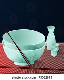 Lovely empty set of Japanese Dinnerware,with spring flowers./Japanese Dinnerware