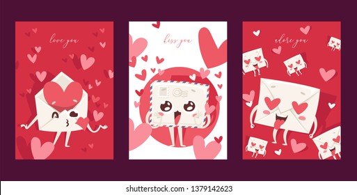 Lovely envelope vector loving mail loved hearted mailed post emoticon mailing love message letter kissing kawaii email character backdrop illustration emailing set background banner.