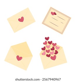 Lovely envelopes with love letters with hearts isolated on white background. Hand drawn vector illustration in flat style. Happy Saint Valentines Day, love concept, message, communication