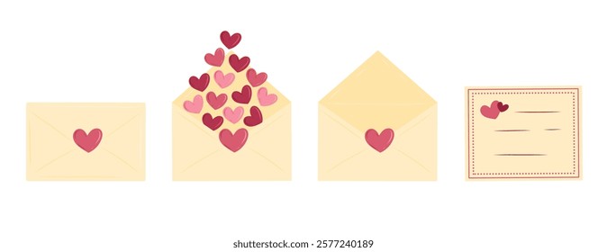 Lovely envelopes with love letters with hearts isolated on white background. Hand drawn vector illustration in flat style. Happy Saint Valentines Day, love concept, message, communication