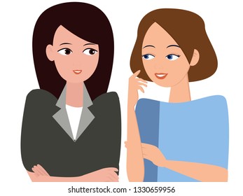 A lovely evening talk. business woman talking about their personal things after work. Beautiful girl in nice make-up is feeling happy on hearing the cheerful words of her friend.