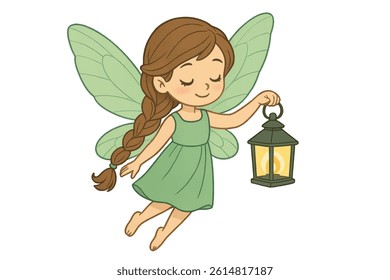 A lovely fairy with a cute appearance and long braids in her hair holds a lantern
