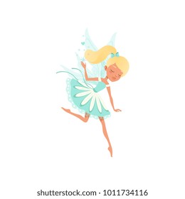Lovely fairy in flying action. Imaginary fairytale creature spreading magical dust. Girl with ponytail and little wings. Pixie in fancy blue dress. Flat vector design