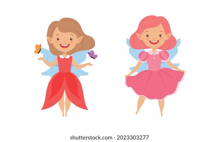 Lovely Fairy Girls Set,Happy Winged Girls Flying Wearing Bright Costumes Cartoon Vector Illustration