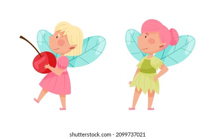 Lovely fairy girls with wings set. Adorable winged girls, fairy tales creatures cartoon vector illustration