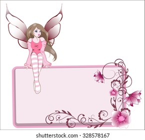 lovely fairy sits on frame twisted in pink flowers and spirals