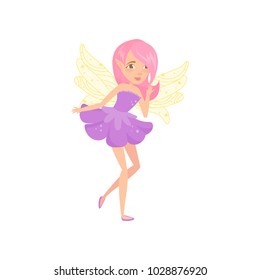 Lovely fairy with wings dressed in little purple dress. Cartoon girl character with pink hair. Fictional creature from fairytales. Colorful flat vector design