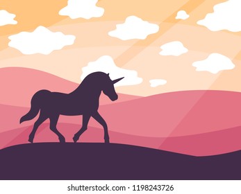 Lovely fairytale background with unicorn silhouette