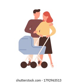 Lovely family with baby in stroller walking together vector flat illustration. Husband hugging wife feeling love and tenderness isolated on white. Cute mother and father enjoying parenthood together