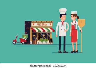 Lovely Family Business Concept Illustration With Adult Couple Standing In Front Of Their Italian Food Restaurant. Pizzeria Owners Standing With Restaurant On Background. Adult Restaurateurs Standing